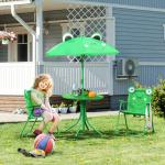 Conjunto de Mesa e Cadeira de Jardim Conjunto de Picnic Dobrável para Crianças Conjunto de Mesa com Chapéu de Sol com Altura Ajustável 100 - 125cm Desenho de Sapo Verde