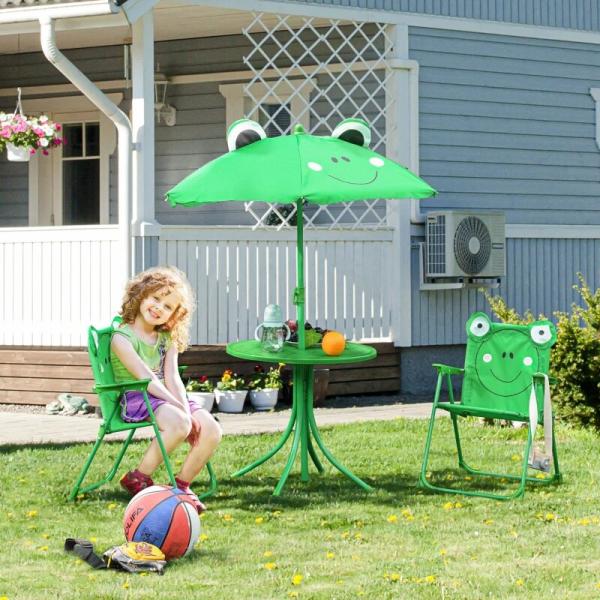 Conjunto de Mesa e Cadeira de Jardim Conjunto de Picnic Dobrável para Crianças Conjunto de Mesa com Chapéu de Sol com Altura Ajustável 100 - 125cm Desenho de Sapo Verde