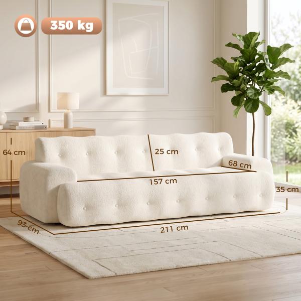 Sofá de 3 Lugares em Chenille sem Estrutura com Assento Profundo e Acabamento Capitoné, Creme
