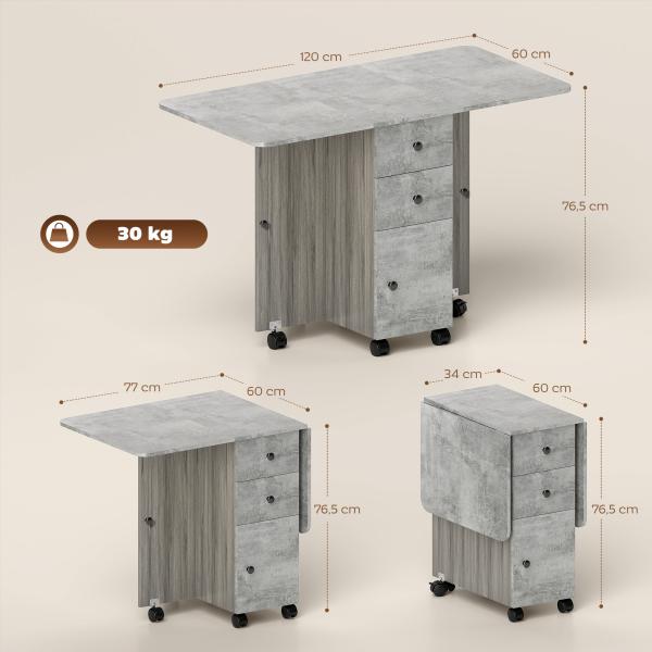 Mesa de Refeição Dobrável com Rodas Mesa Abatível com 2 Gavetas e Armário Mesa Auxiliar Multifuncional 120x60x76,5 cm Cinza