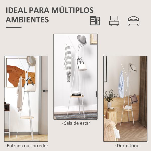 Cabide de Pé Metálico para Pendurar Roupa Bolsas com 9 Ganchos e Prateleira Cabide de Pé Moderno 45x45x180 cm Branco