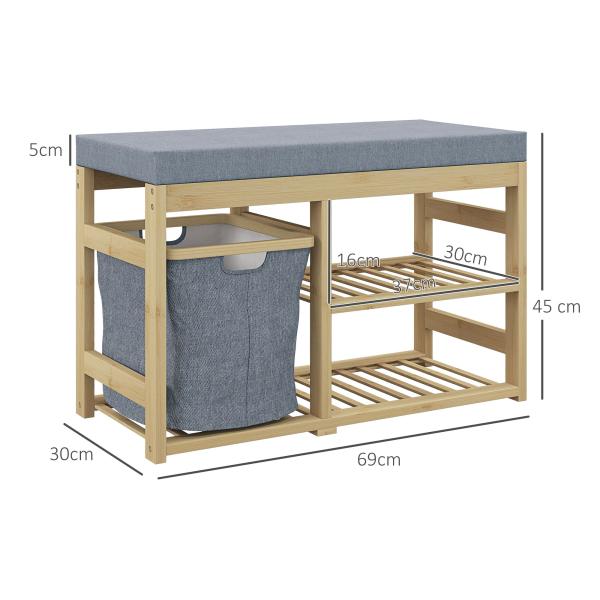 Banco para Sapatos de Bambu Móvel Sapateira com Assento Cesta Amovível e Prateleiras Abertas para 4 Pares de Sapatos 69x30x45 cm Madeira