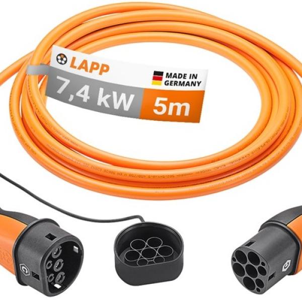 Cabo de Carregamento p/ Veículos Elétricos Tipo 2 / 7,4kW / 32A / 5m (Laranja) - LAPP