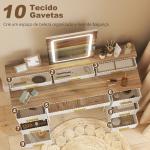 Toucador com Luzes LED de 3 Cores Espelho 10 Gavetas de Tecido e Pés em Aço 118,5x39,5x140 cm Madeira