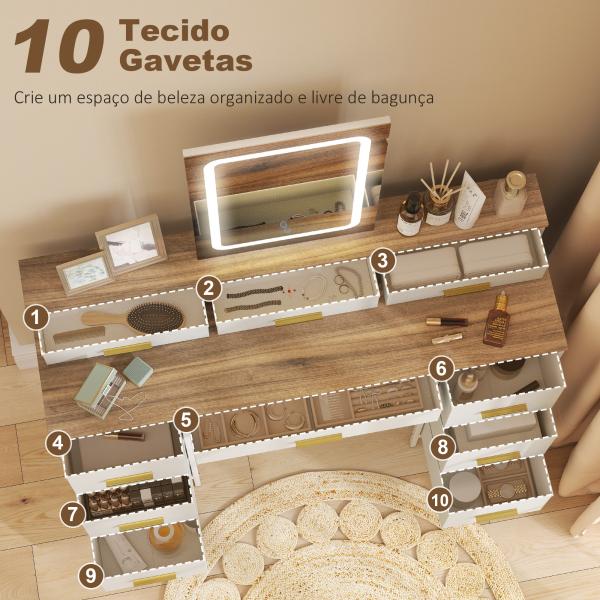 Toucador com Luzes LED de 3 Cores Espelho 10 Gavetas de Tecido e Pés em Aço 118,5x39,5x140 cm Madeira