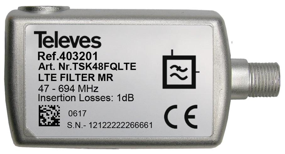 Filtro LTE/5G MR (Medium Rejection) c/ Passagem DC 47...694MHz (C.48) Conector F - TELEVES 403201