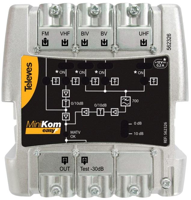 Amplificador MiniKom 5E/1S EasyF FM - VHF - UHF 21..38 - 42..48/60 - TELEVES 562326