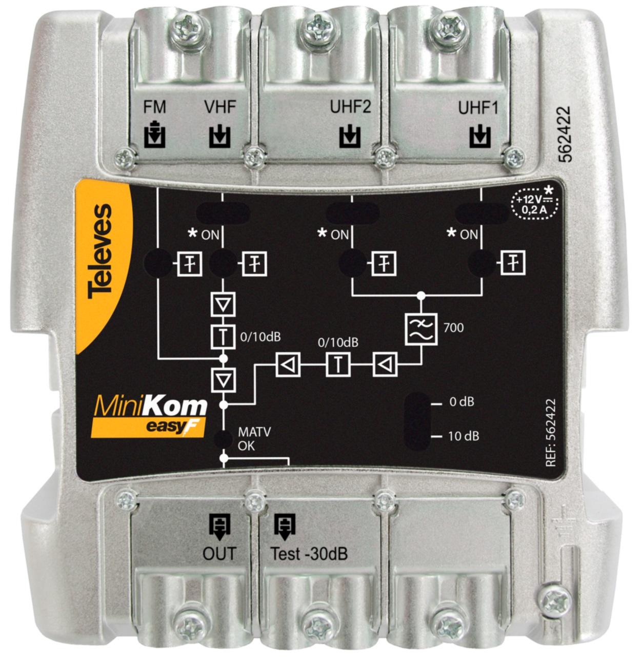 Amplificador Minikom MATV 4E/1S EasyF FM - VHF - UHF - UHF - TELEVES 562422