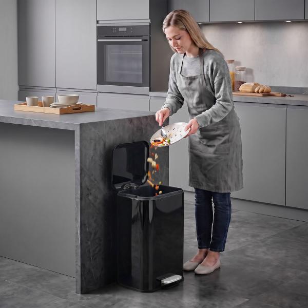 Caixote do Lixo para Cozinha 20 L em Aço Galvanizado com Tampa de Fecho Suave Pedal Balde Removível e Antiimpressões Digitais Preto