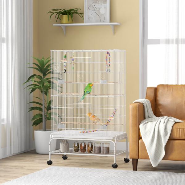 Gaiola para Pássaros com Rodas com 4 Comedouros 3 Poleiros Brinquedos Bandeja Amovível e Prateleira 79x49x133 cm Branco