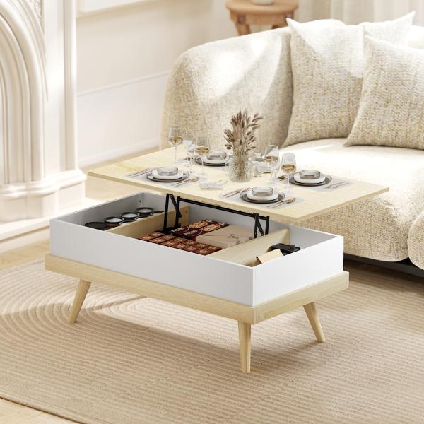 Mesa de Centro Elevatória com 3 Compartimentos de Armazenamento Ocultos e Pés de Madeira 100x79x54 cm Madeira e Branco