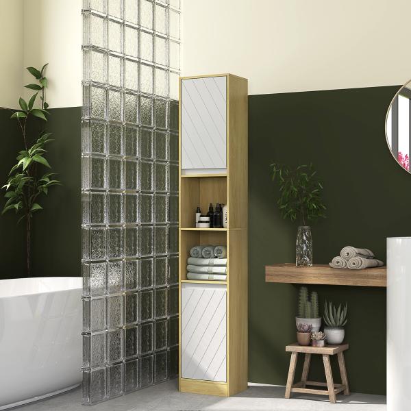 Coluna Casa de Banho com 2 Prateleiras Abertas Armário Alto para Casa de Banho 30x24x170 cm Madeira e Branco