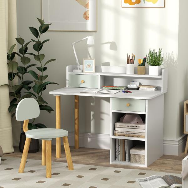Conjunto de Secretária e Cadeira para Crianças Mesa de Estudo com Prateleiras e Gaveta Carga 80 kg 85x48x73 cm Verde