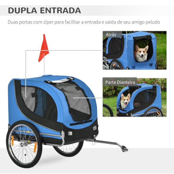 Reboque de Bicicleta para Cães Reboque de Bicicleta para Animais de Estimação com Bandeira Reflectores 130x73x90cm Azul