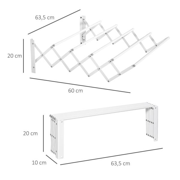 Estendal de Parede Extensível de 63,5cm de Metal com 5 Barras para Interior e Exterior Carga 10kg 63,5x60x20cm Branco
