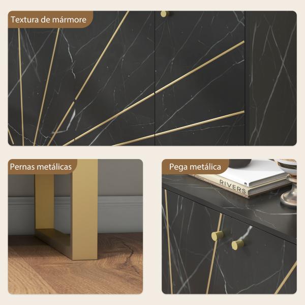 Aparador de Sala de Estar com 2 Armários e Prateleira Interior Ajustável com Efeito Mármore 107x35x75 cm Preto e Dourado