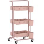 Carrinho de Cozinha Carrinho de Armazenamento com 4 Ganchos 3 Cestas Removíveis 3 Caixas Suspensas 42x38x86,5 cm Rosa