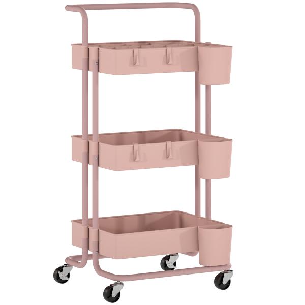 Carrinho de Cozinha Carrinho de Armazenamento com 4 Ganchos 3 Cestas Removíveis 3 Caixas Suspensas 42x38x86,5 cm Rosa