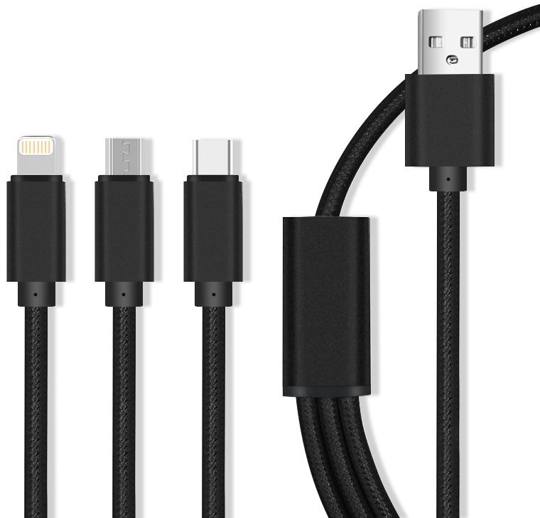 Cabo USB A Macho 3 - EM - 1 - iPhone 8 Pin Lightning / Micro USB / USB C Fast Charge 2.1A - MAXLIFE