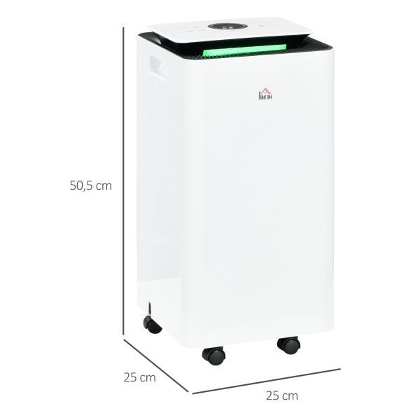 Desumidificador Elétrico 12L/dia Depósito 2,5L Silencioso com 5 Modos 2 Velocidades Ecrã LED e Temporizador 25x25x50,5 cm Branco