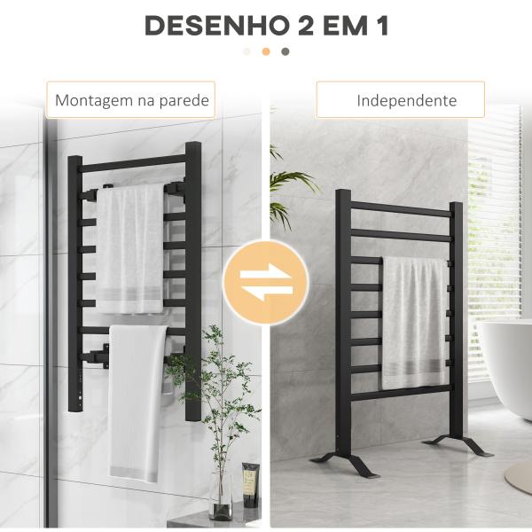 Toalheiro Elétrico c/ 8 Barras para Casa de Banho 53x35x90 cm IPX4 Função de Temporizador Preto