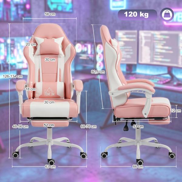 Cadeira Gaming Reclinável 155° com Suporte Lombar com Massagem Apoio de Cabeça e Apoio para os Pés 63x66x126 - 134 cm Rosa