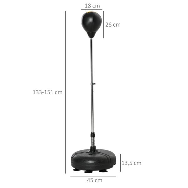 Saco de Boxe de Pé com Altura Ajustável de 4 Níveis Base Preenchida Luvas e Inflador Ø45x133 - 151 cm Preto