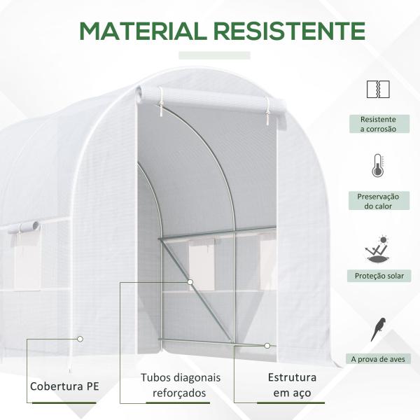 Estufa Tipo Túnel 245x200x200cm com Portas Enroláveis e 4 Janelas Cobertura de PE Estrutura de Metal Branco