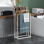 Toalheiro de Pé de 3 Níveis em Forma de Escada com 3 Barras de Bambu e Estrutura de Aço 45x22,5x86 cm Branco e Madeira