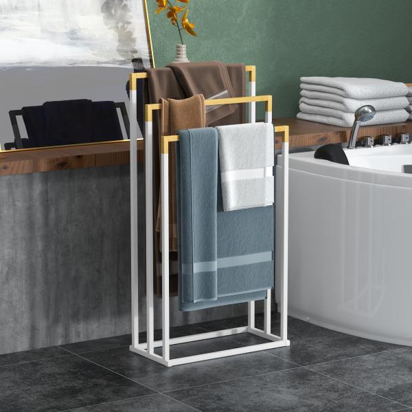 Toalheiro de Pé de 3 Níveis em Forma de Escada com 3 Barras de Bambu e Estrutura de Aço 45x22,5x86 cm Branco e Madeira