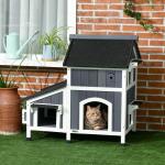 Casa para Gatos de Madeira com Suporte para Flores de 2 Níveis e Teto Asfáltico 96x65x85,5 cm Cinza
