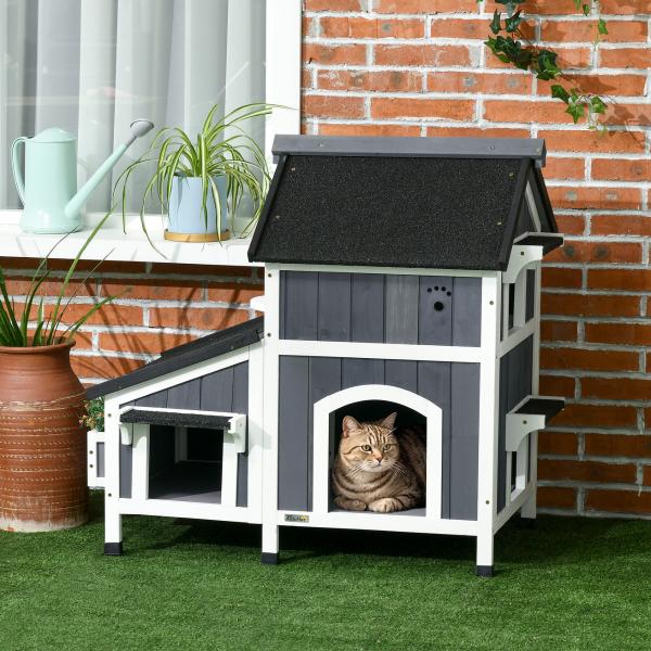Casa para Gatos de Madeira com Suporte para Flores de 2 Níveis e Teto Asfáltico 96x65x85,5 cm Cinza