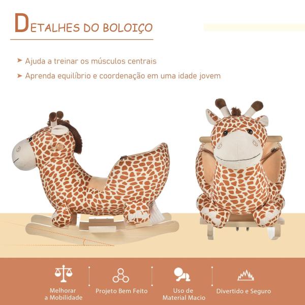 Baloiço para Crianças em Madeira com 32 Canções Cinturão de Segurança Girafa de Pelúcia 60x33x45 cm Marrom Claro