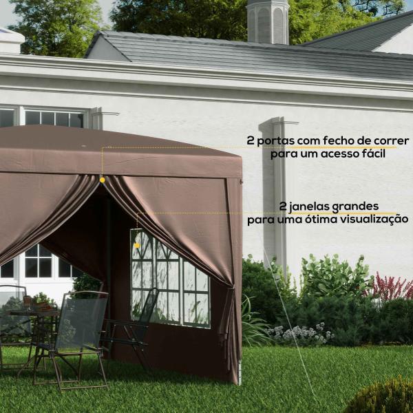 Tenda de Jardim com Paredes Laterais Amovíveis Janelas Porta com Fecho de Correr e Bolsa de Transporte 295x295x196 - 258 cm Café