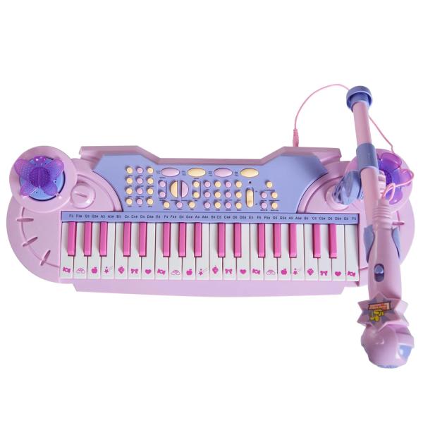 Piano Infantil 37 Teclas Teclado Eletrônico Brinquedo Educacional para Crianças + 3 Anos com Microfone Banco de Luzes e 22 Canções USB/MP3 Karaokê Rosa