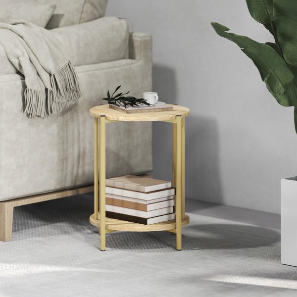 Mesa Lateral Redonda de 2 Níveis com Prateleira de Armazenamento e Estrutura de Aço para Sala e Quarto Ø41x49 cm Madeira