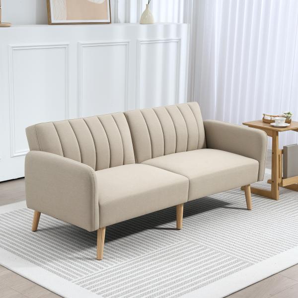 Sofá - cama de 2 Lugares em Linho Sintético com Encosto Ajustável e Braços Desmontáveis 173x75x73 cm Bege