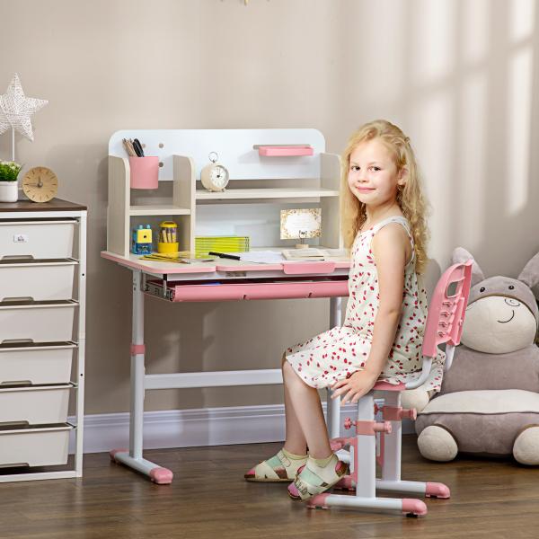 Conjunto de Secretária e Cadeira para Crianças com Altura Ajustável e Bancada Inclinável 80x52x88x109cm e 35,5x44,5x66 - 80cm Rosa