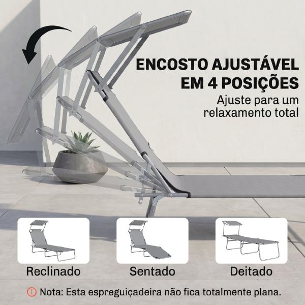 Espreguiçadeira de Jardim Dobrável com Toldo Removível e Ajustável e Encosto Ajustável em 4 Posições 187x58x36 cm Cinza Claro
