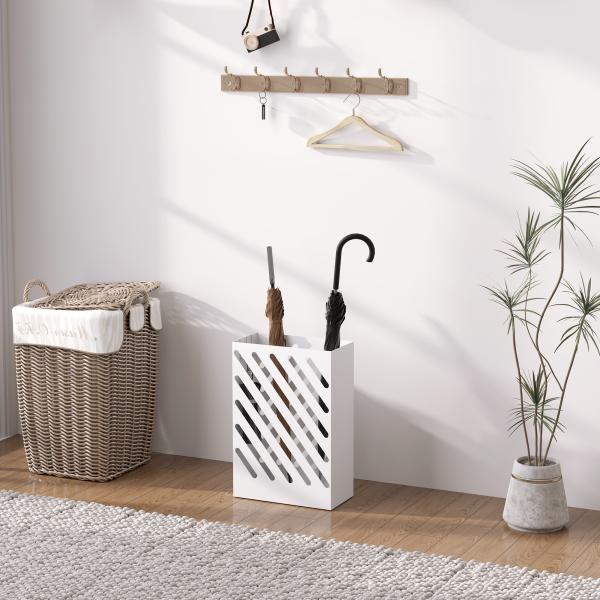 Suporte para Guarda - Chuvas de Aço Galvanizado Estreito com Bandeja de Gotejamento Removível 4 Ganchos 28x14x41 cm Branco