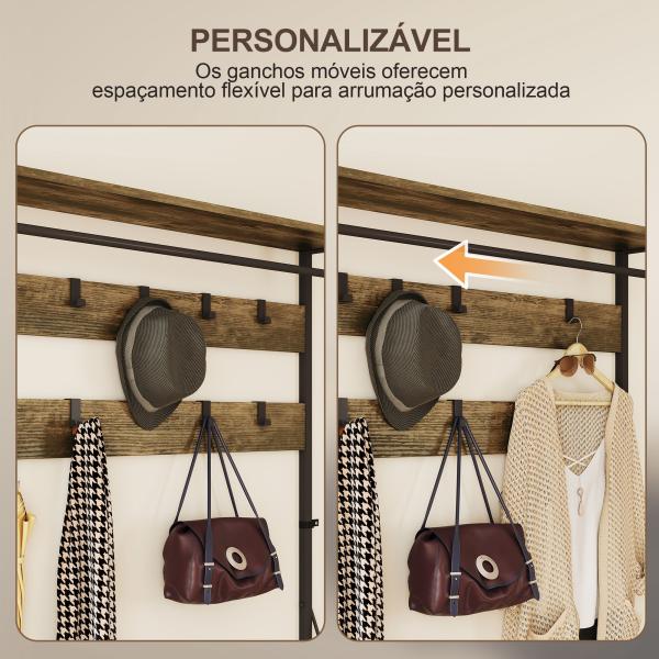 Móvel Cabide de Entrada com Banco 10 Ganchos 2 Gavetas e Barra para Pendurar Estilo Industrial 100x40x180 cm Castanho Rústico