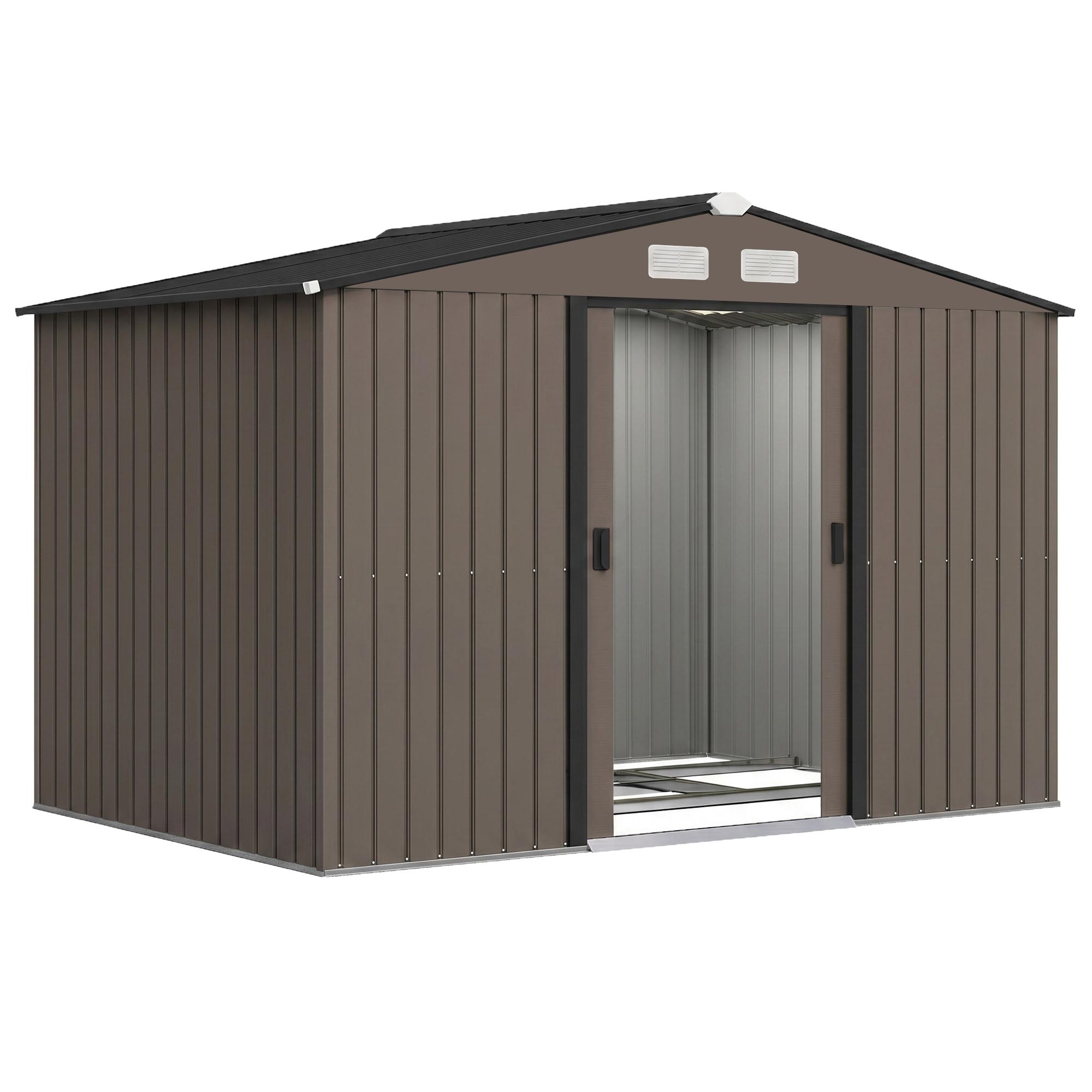 Abrigo de Jardim 277x195x192 cm Metálico para Armazenamento de Ferramentas com Base de Reforço Incluída Madeira