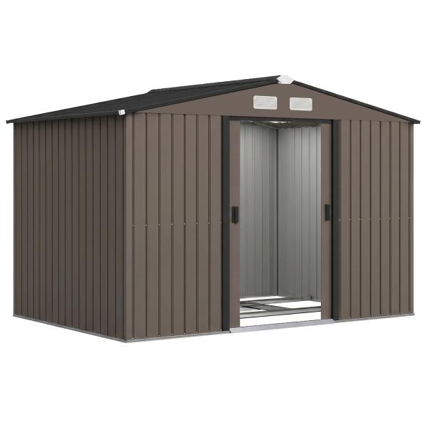Abrigo de Jardim 277x195x192 cm Metálico para Armazenamento de Ferramentas com Base de Reforço Incluída Madeira