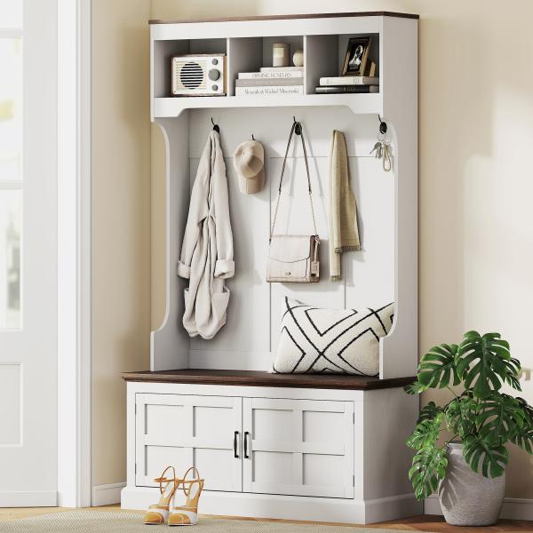 Móvel Cabide de Entrada com Banco Sapateira 5 Ganchos 3 Prateleiras Armário e Compartimentos Estilo Rústico 105x40x180 cm Branco