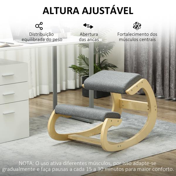 Cadeira Ergonómica de Joelhos com Almofadas Acolchoadas Estrutura de Madeira para Melhor Postura Escritório 55x85x55 cm Cinzento