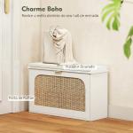Banco para Sapatos Boho com Assento Acolchoado Porta de Rattan Gaveta Basculante Prateleira Ajustável 8 Pares 80x26x47,5 cm Branco