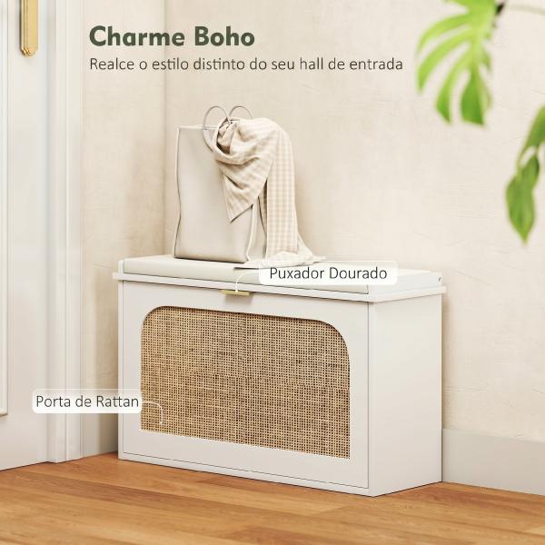 Banco para Sapatos Boho com Assento Acolchoado Porta de Rattan Gaveta Basculante Prateleira Ajustável 8 Pares 80x26x47,5 cm Branco