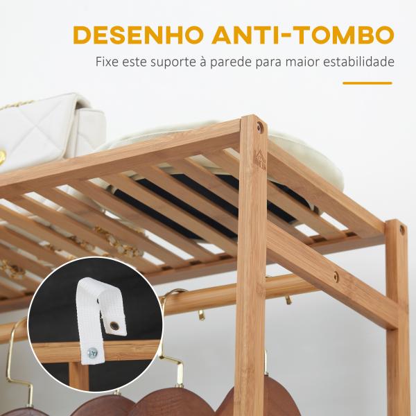 Suporte para Cabides de Bambu com Prateleira de Armazenamento de 6 Níveis e Vara Supensa 90x30x145 cm Madeira