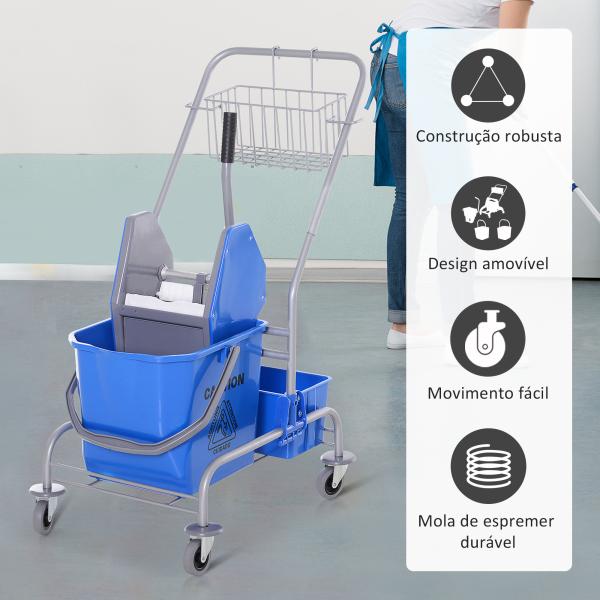 Carro de Limpeza Profissional com Rodas Balde de Esfregona Removível de 25L Espremedor Cesto e Cubeta 72x49,5x95 cm Azul