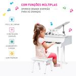Piano de Cauda Infantil com 30 Teclas Banco Suporte de Partituras Piano para Crianças de MDF Instrumento Musical Educativo 52x50x49cm Branco